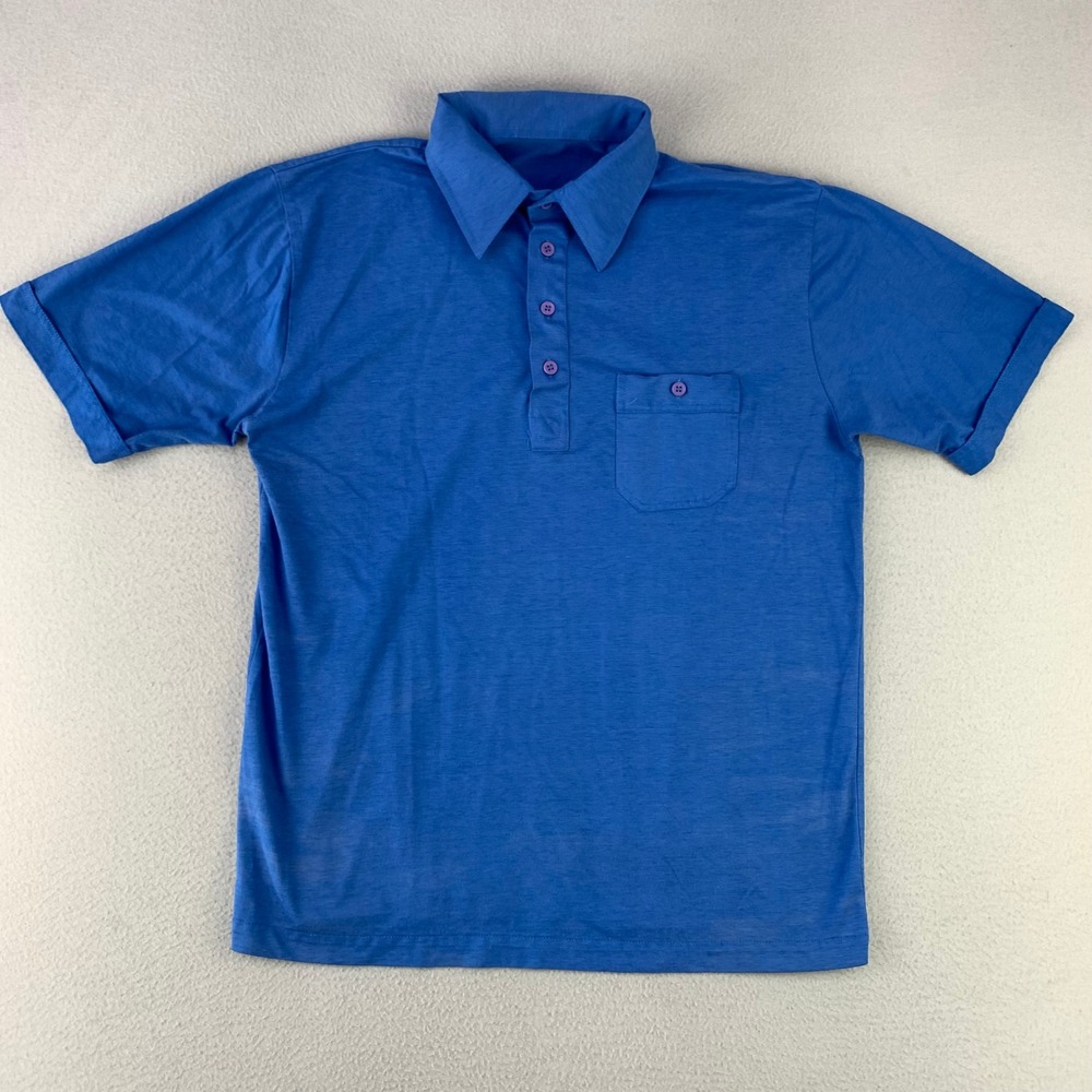 Vintage Polo Shirt Men L‎ Blue Casual Pocket Short Sleeve Solid Thin Lightweight